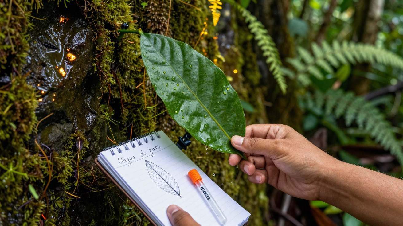 Pessoa a segurar uma folha verde com gotas de água e a desenhar num caderno junto a musgo numa floresta.