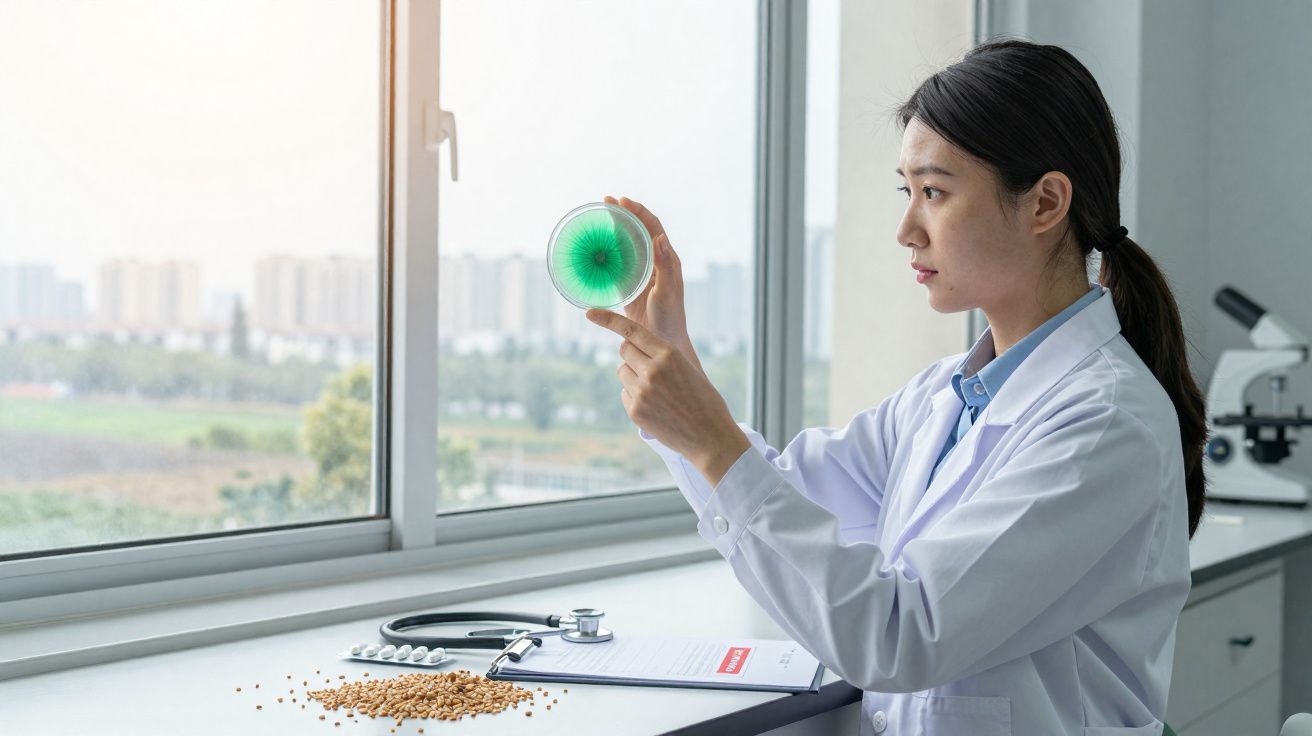 Cientista a analisar placa de petri com cultura verde num laboratório com vista para a cidade.