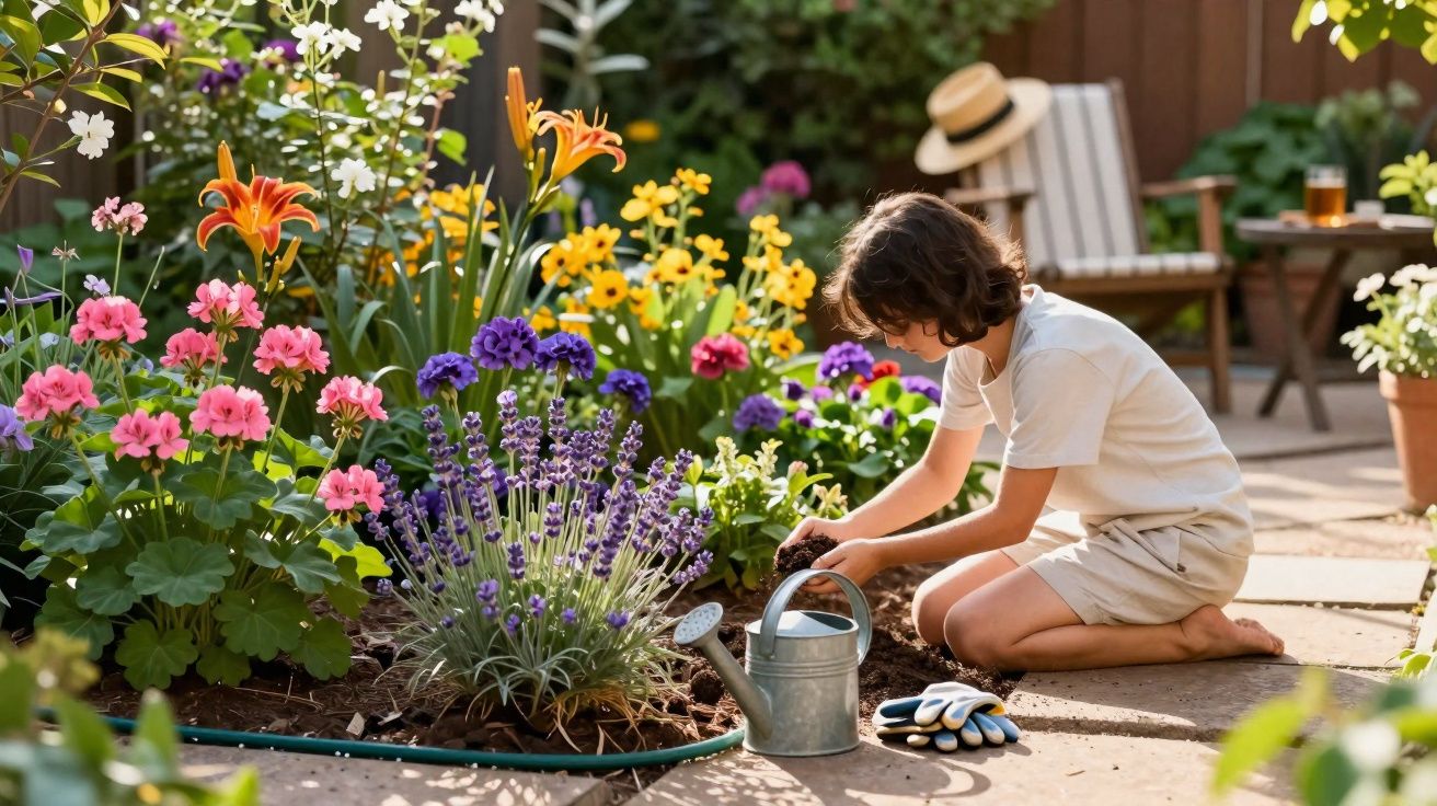 Criança a cuidar do jardim, rodeada de flores coloridas, com regador e luvas ao lado.