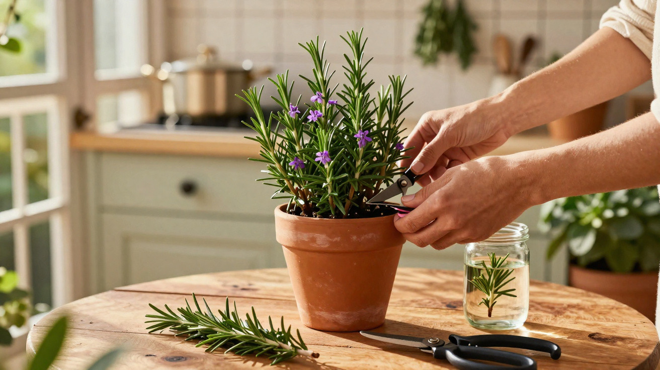 Mãos a cortar um ramo de planta aromática em vaso de barro numa cozinha com luz natural.
