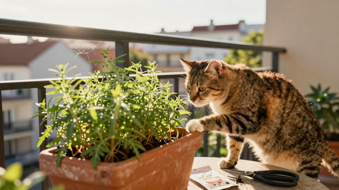 Gato castanho a investigar vaso com planta num terraço ao sol, perto de uma tesoura de jardinagem.
