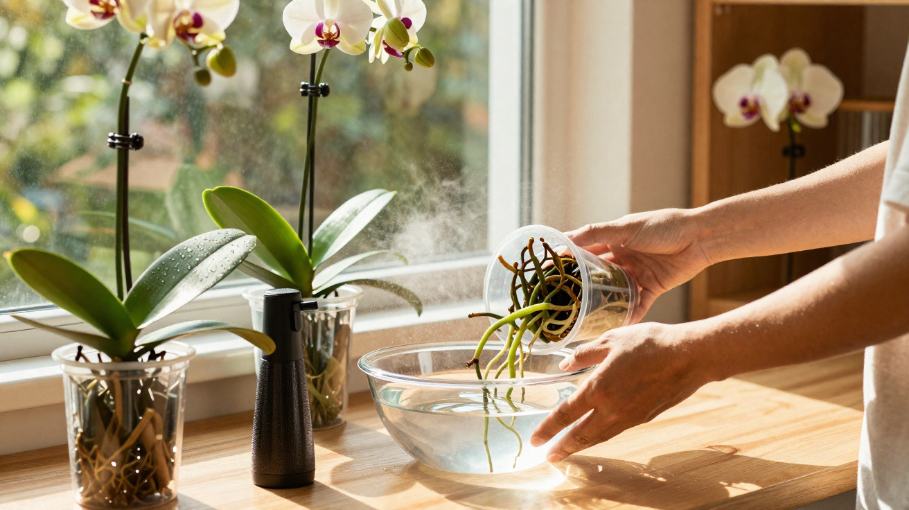 Pessoa a lavar raízes de orquídeas com água numa taça transparente junto a uma janela ensolarada.