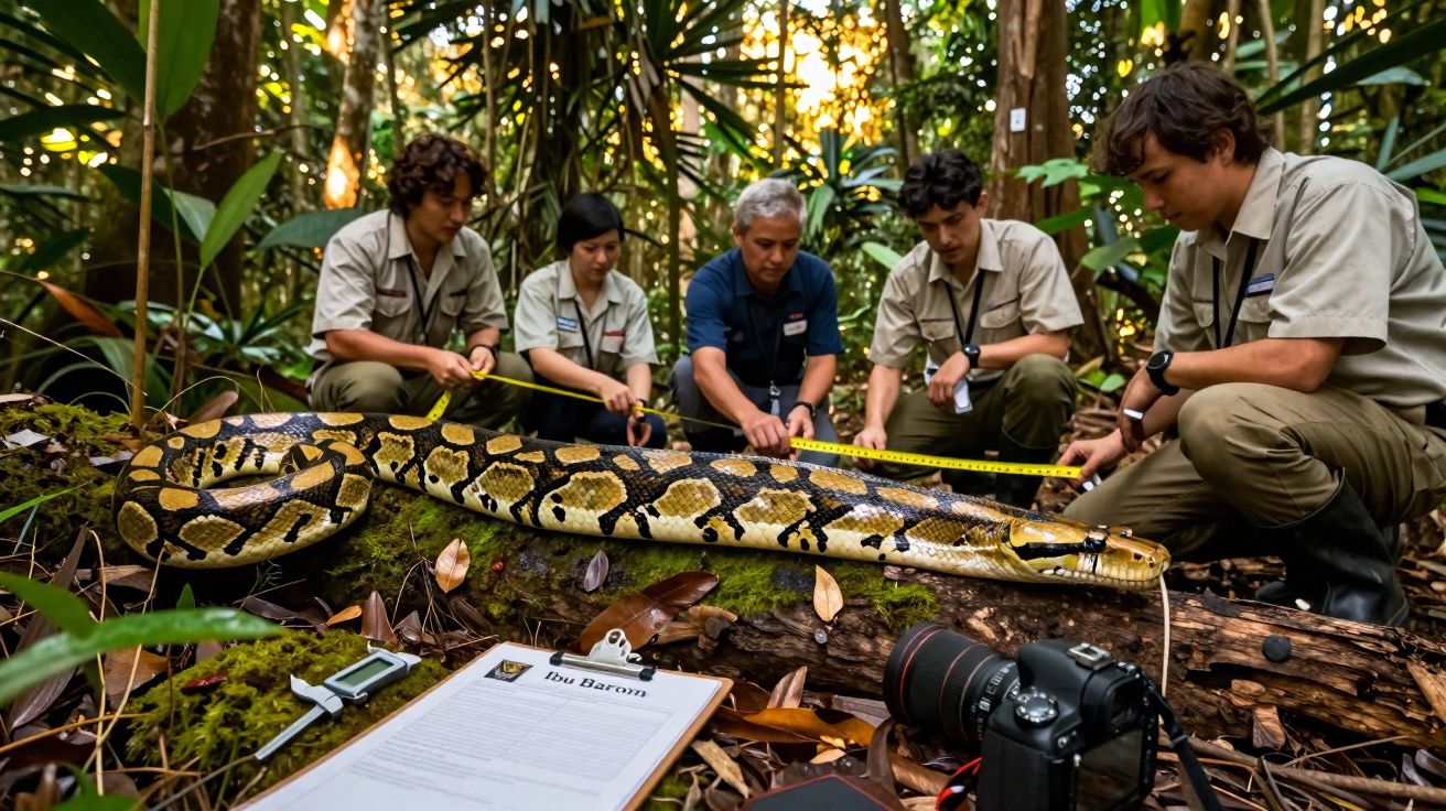 Grupo de investigadores mede uma grande píton numa floresta densa tropical.