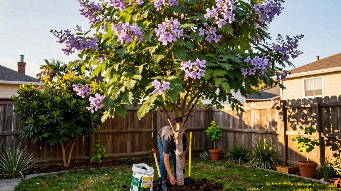 Pessoa a plantar uma árvore com flores roxas num jardim com cerca de madeira ao fundo.