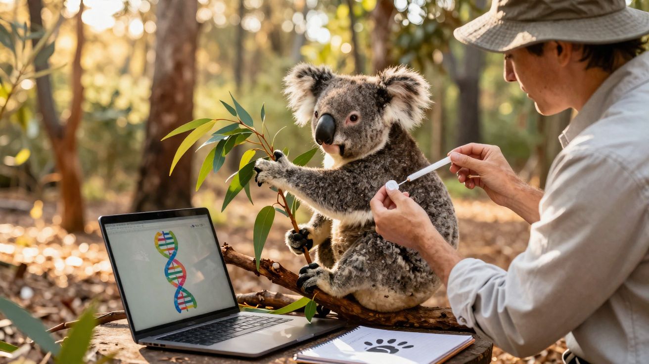 Cientista a aplicar medicação em coala ao ar livre, com laptop e esquema de ADN numa mesa rústica.