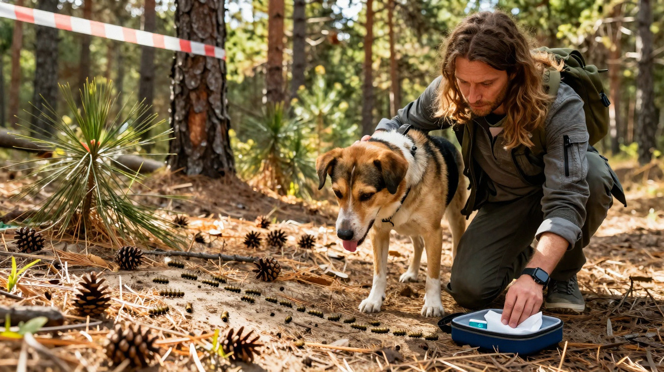 Homem com cão farejador no bosque, investigando chão com pinhas e folhas secas.