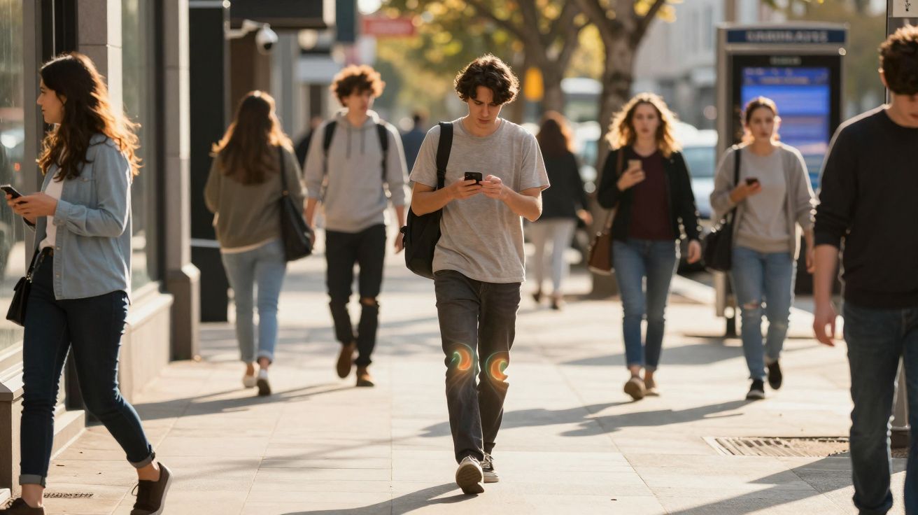 Jovens a caminhar e usar telemóveis numa calçada movimentada sob luz solar suave.