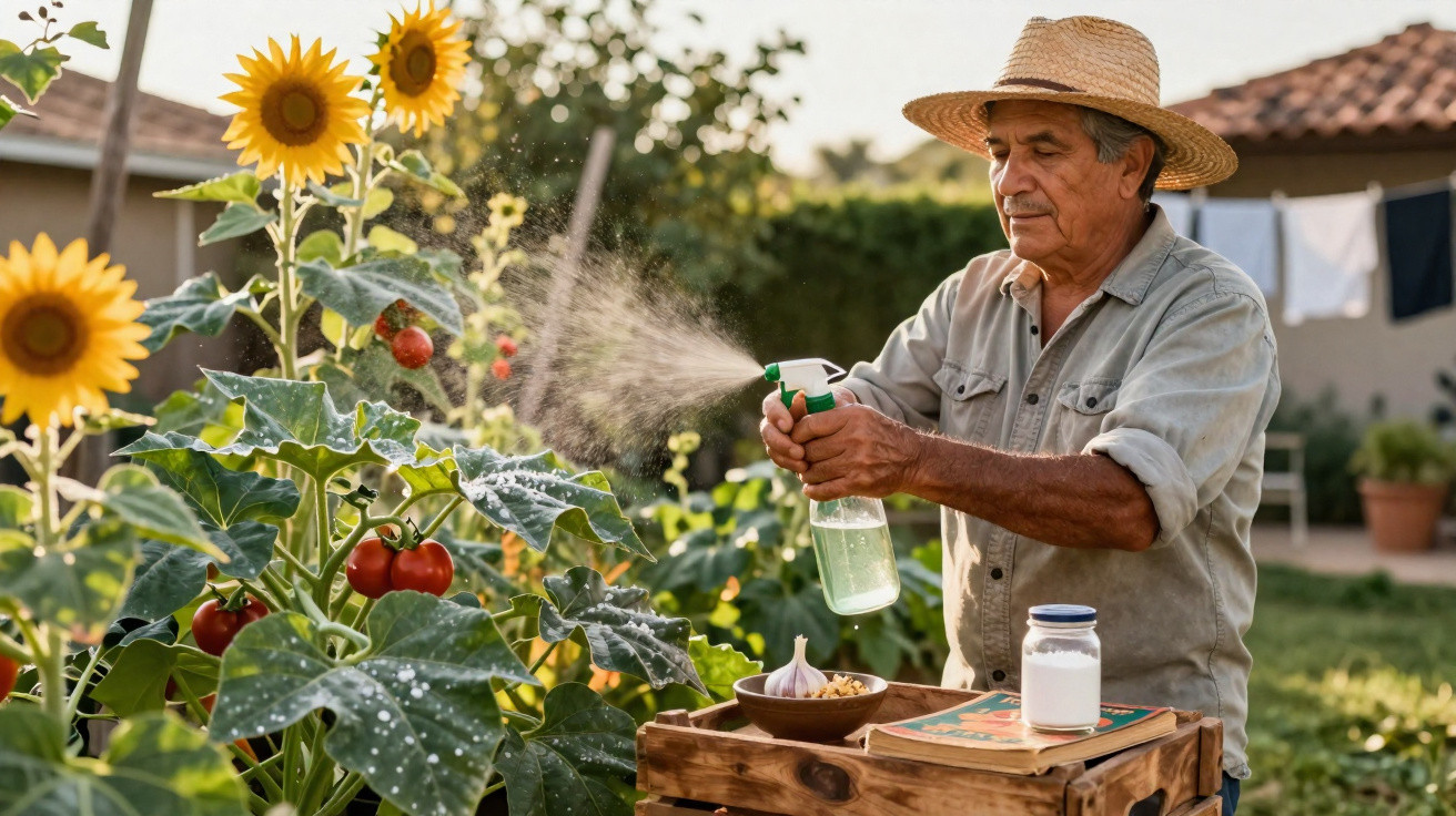 Homem idoso a pulverizar plantas num jardim com girassóis e tomates maduros ao amanhecer.