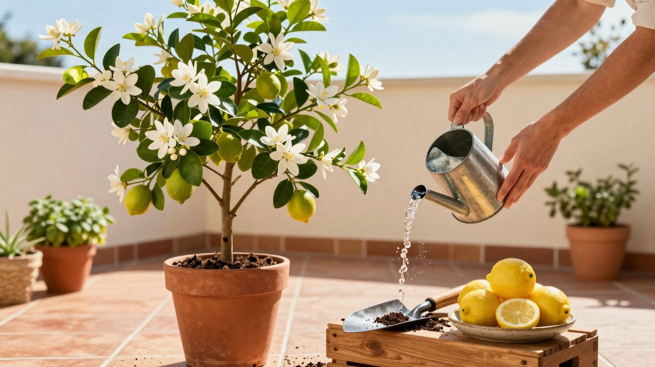 Pessoa a regar planta de citrinos em vaso num terraço com limões frescos num prato ao lado
