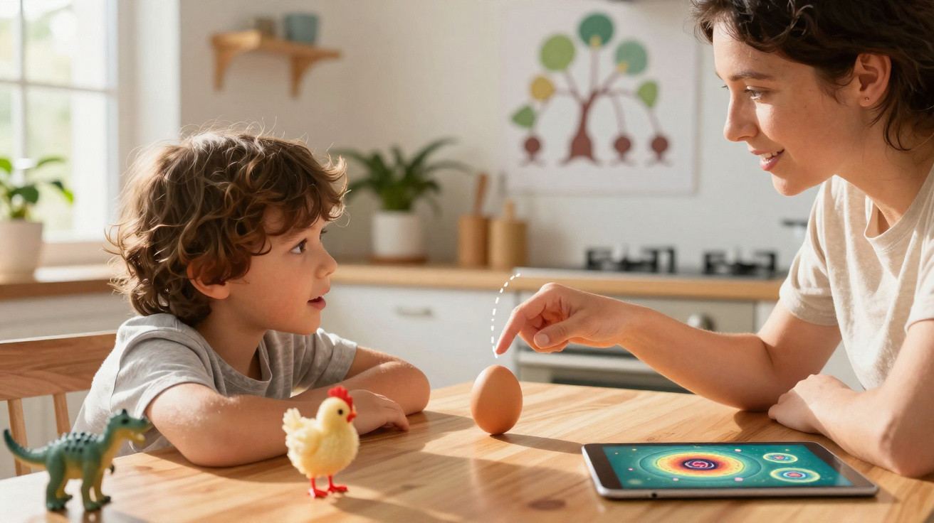 Mãe e filho sentados à mesa da cozinha, mãe a equilibrar um ovo enquanto criança observa curiosa brinquedos e tablet.