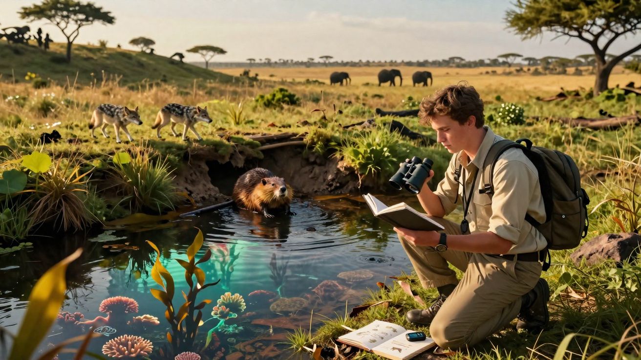 Jovem observador da natureza estuda animais num cenário selvagem com rios, elefantes, hienas e vegetação densa.