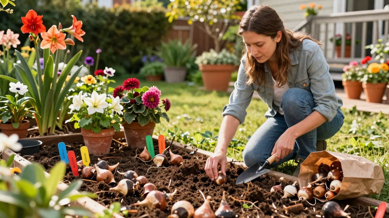 Mulher a plantar bolbos de flores num canteiro num jardim ensolarado com vasos coloridos à volta.