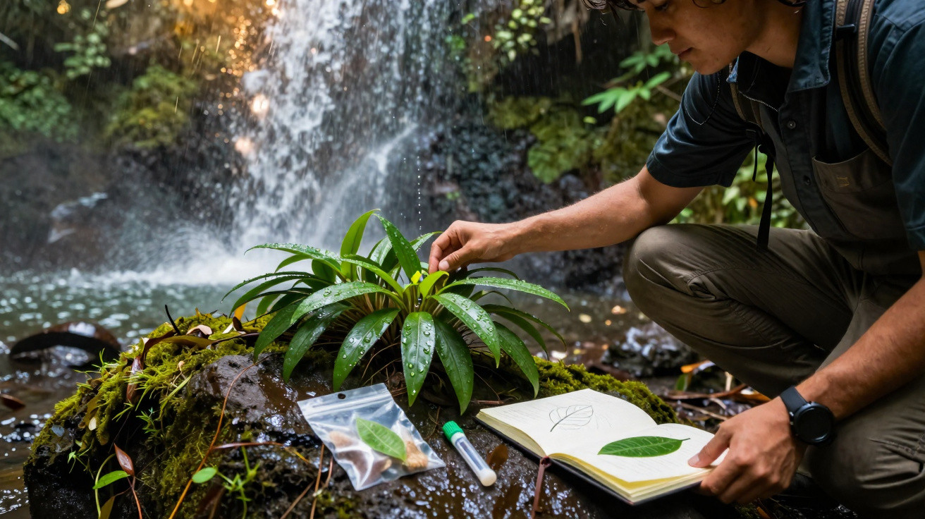 Investigador estuda planta perto de uma cascata, com caderno, amostras e tubos de ensaio sobre uma rocha molhada.