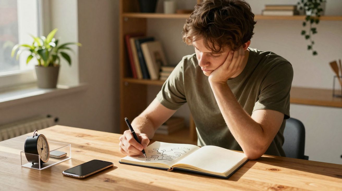 Jovem sentado à mesa a desenhar num caderno, com relógio e telemóvel à sua frente, numa sala iluminada.