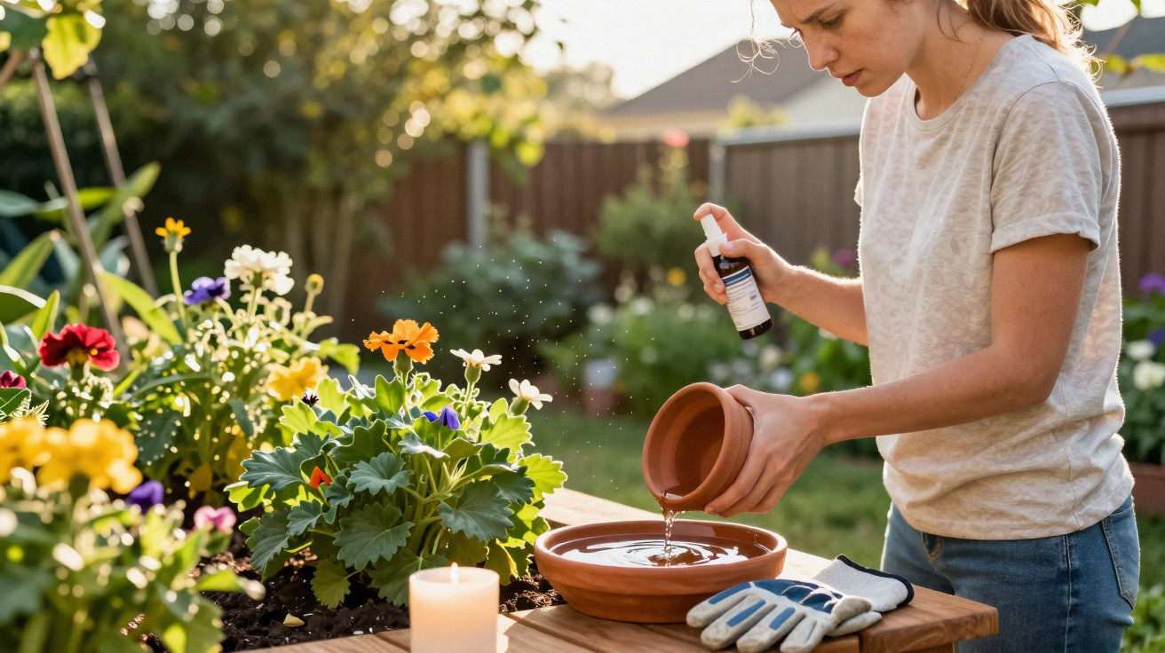 Mulher rega plantas com pulverizador enquanto segura vaso, ao lado de vela e luvas de jardinagem.