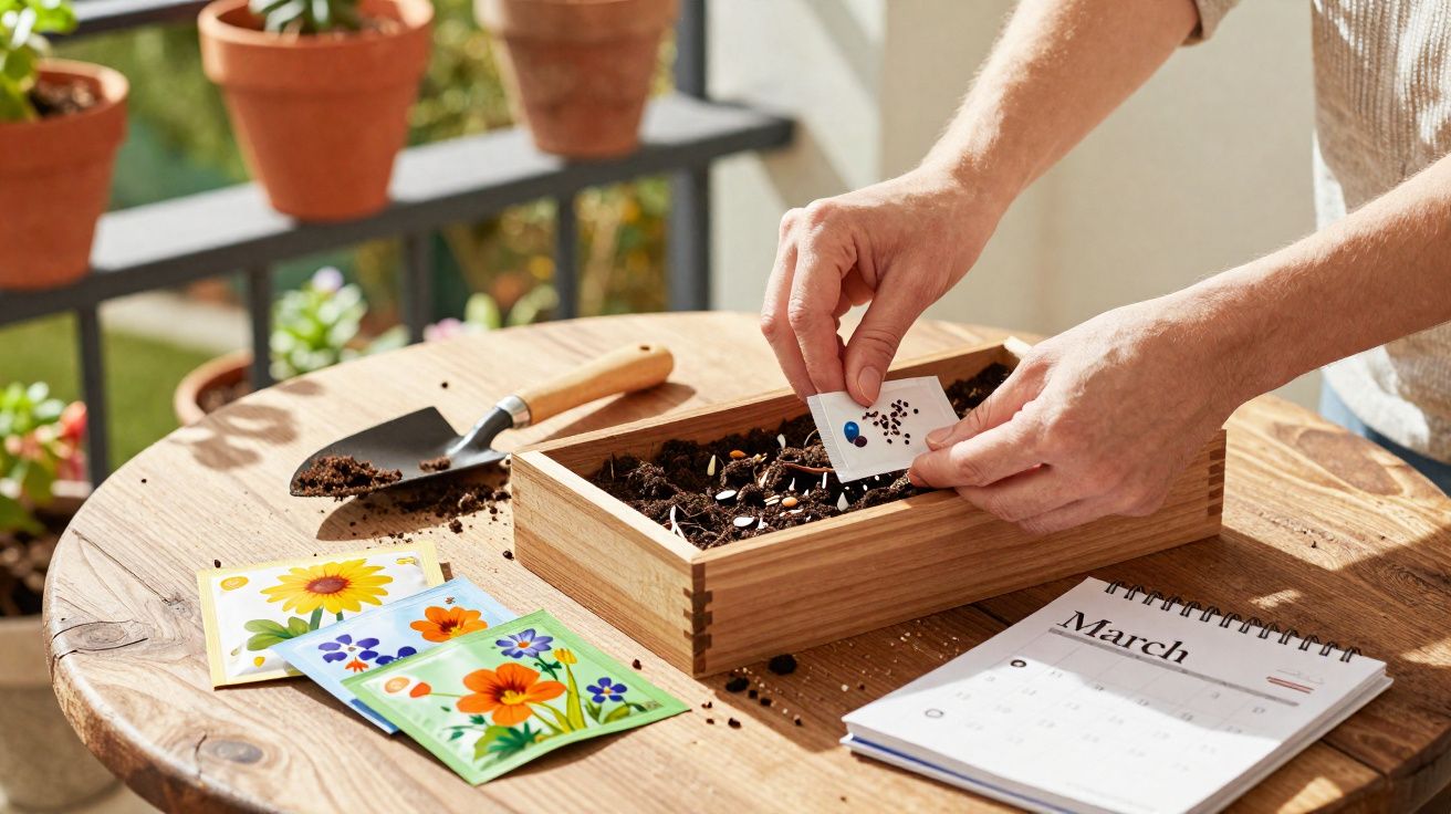 Mãos a plantar sementes em caixa com terra, vários pacotes de sementes e calendário aberto em março numa mesa.