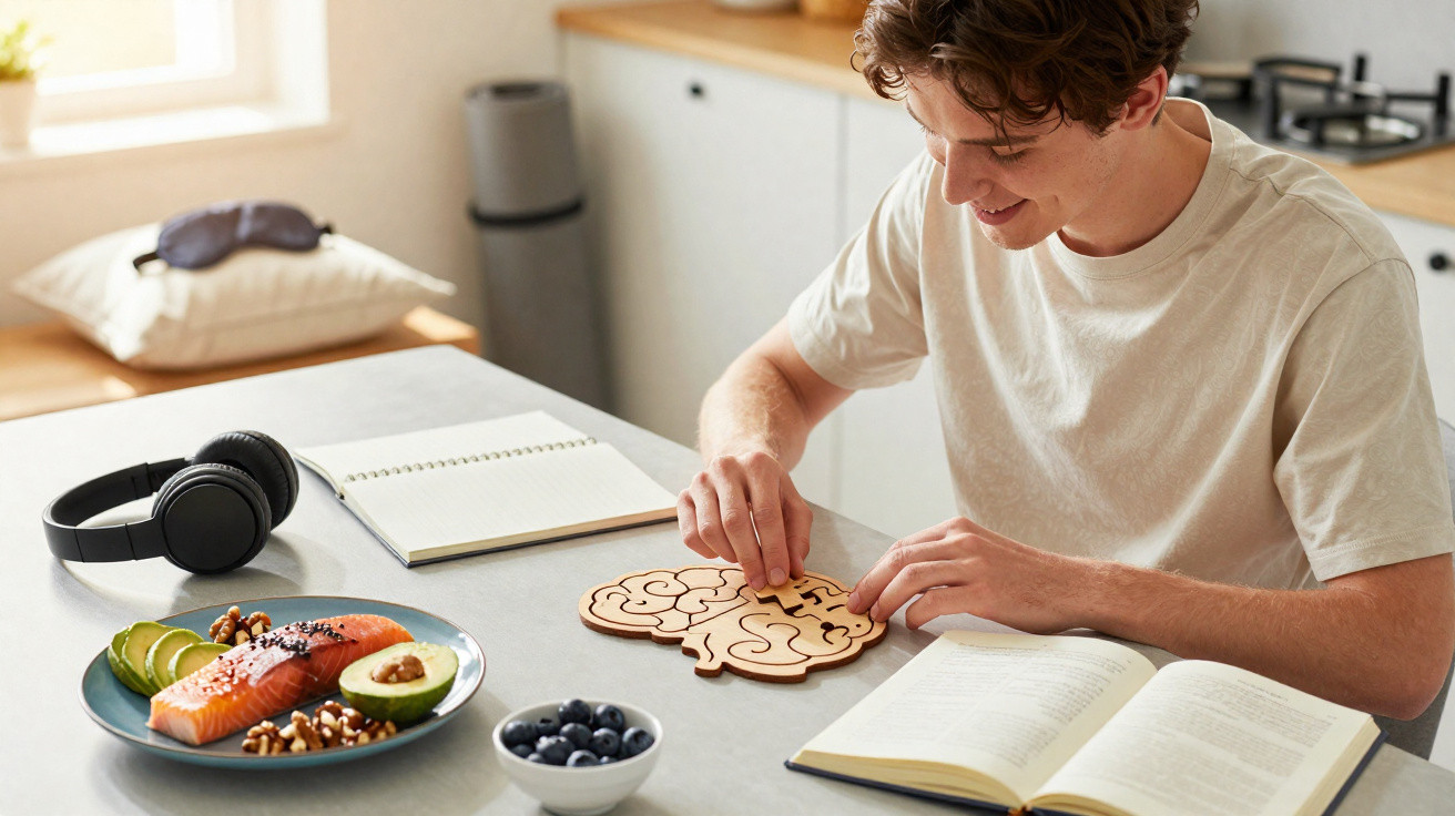 Jovem a sorrir enquanto monta puzzle em forma de cérebro na cozinha com alimentos saudáveis e livros à sua frente.