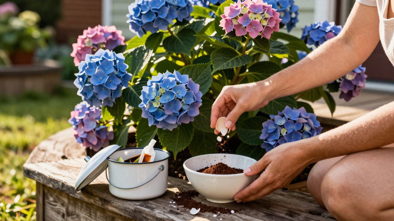 Pessoa a preparar fertilizante caseiro com cascas de ovo junto a flores hortênsia coloridas num jardim.
