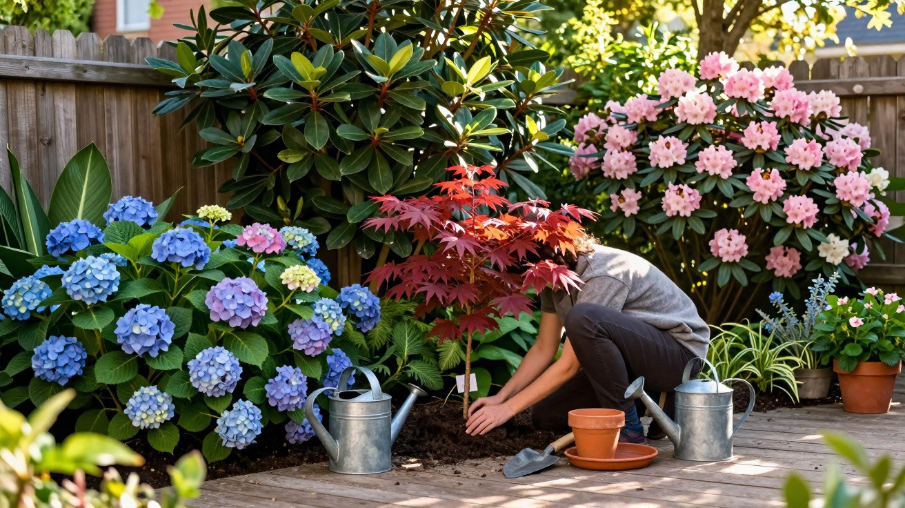 Pessoa a plantar árvore de folhas vermelhas num jardim com hortênsias azuis e rododendros cor-de-rosa.