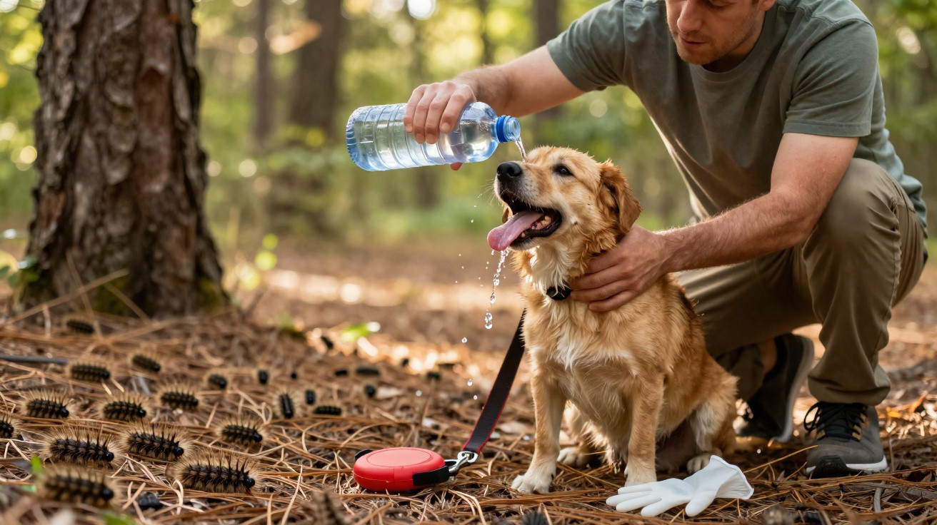 Homem a dar água de uma garrafa a um cão com coleira numa floresta cheia de lagartas pretas.