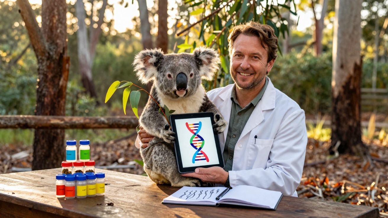 Cientista com bata branca segura um coala com ramo e um tablet com imagem de ADN ao ar livre.