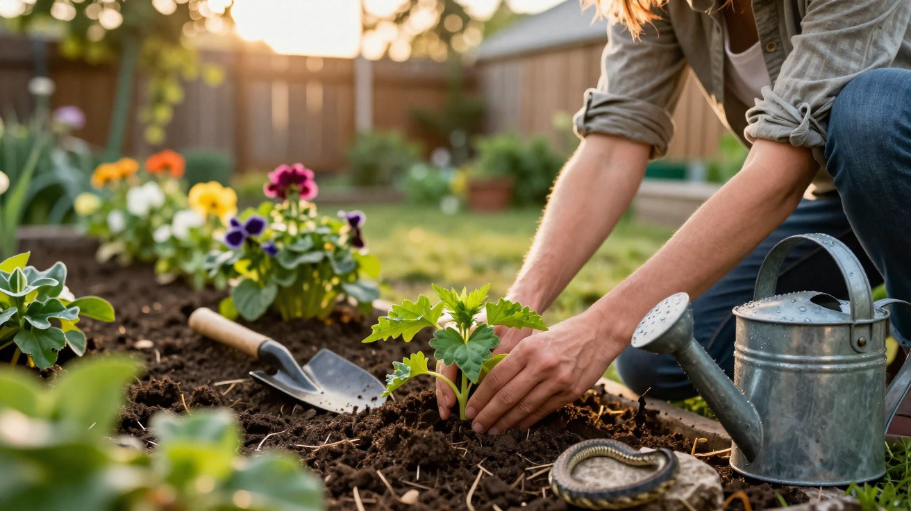 Pessoa a plantar uma muda numa horta, com regador, sacho e flores ao fundo num jardim ensolarado.