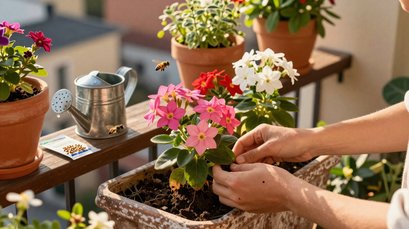Mãos a cuidar de flores cor-de-rosa num vaso com outras plantas e regador num parapeito ensolarado.