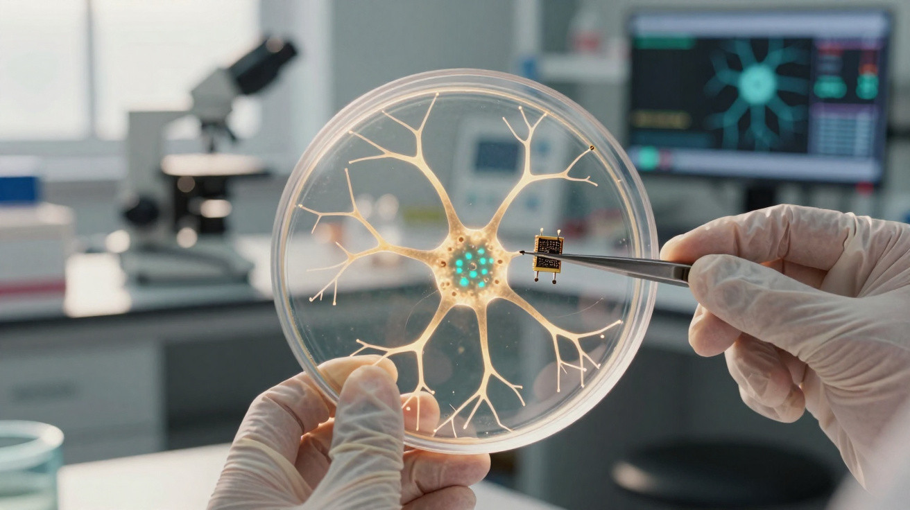Mãos com luvas a segurar placa de petri com estrutura de neurónio e microchip numa pinça num laboratório.