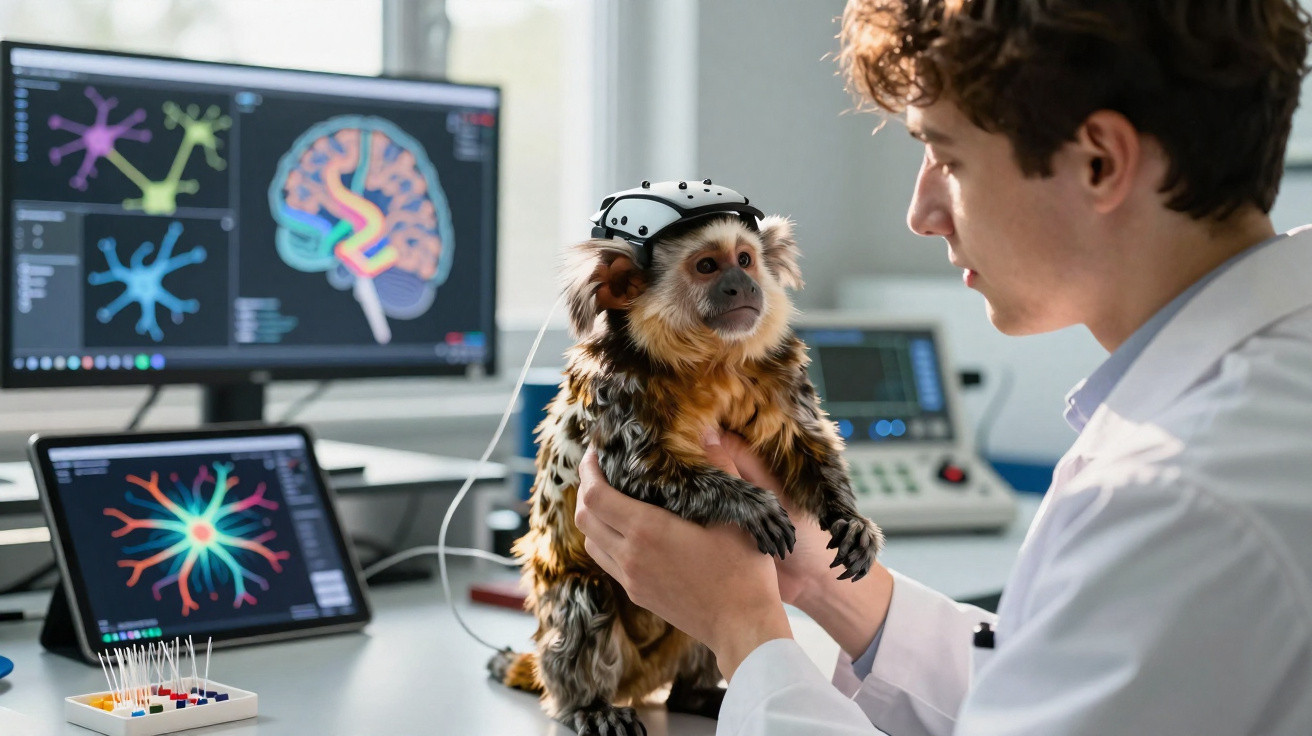 Cientista em laboratório a estudar cérebro de macaco com equipamento de neuroimagem conectado.