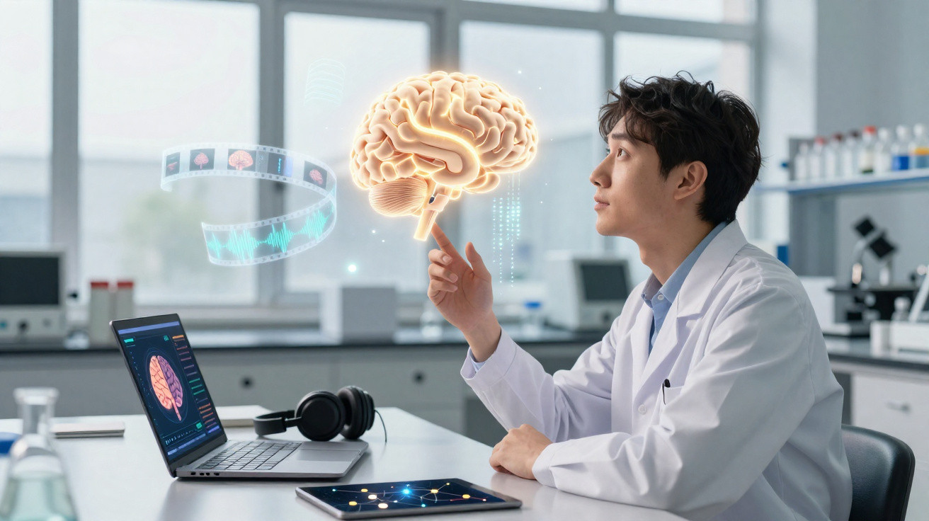 Cientista de bata branca examina cérebro holográfico projetado numa sala de laboratório moderna com computador e tablet.