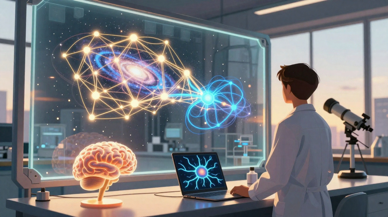 Cientista em laboratório a estudar hologramas de cérebro e galáxia com laptop e telescópio ao fundo.