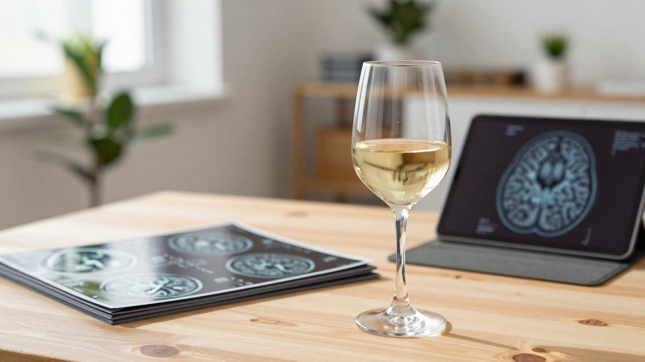 Copo de vinho branco numa mesa de madeira com exames de cérebro e tablet com imagem cerebral ao fundo.