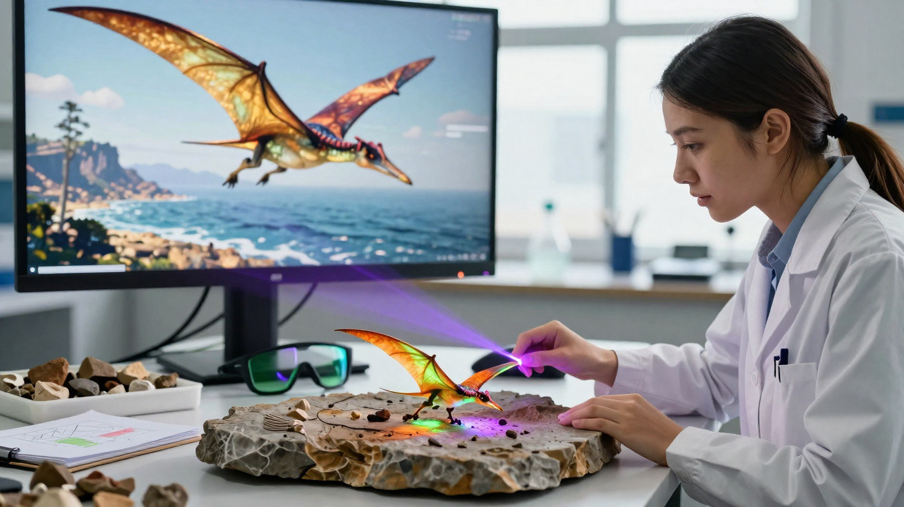 Cientista em laboratório interage com modelo holográfico de dinossauro voador sobre pedra fóssil.