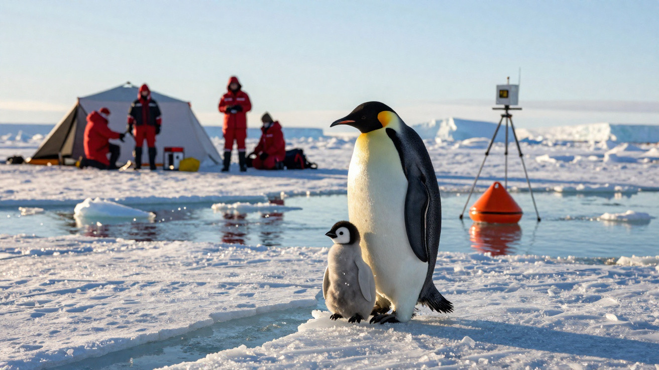 Pinguim-imperador adulto e um pinguim-filhote na geleira com cientistas e equipamento de investigação ao fundo.