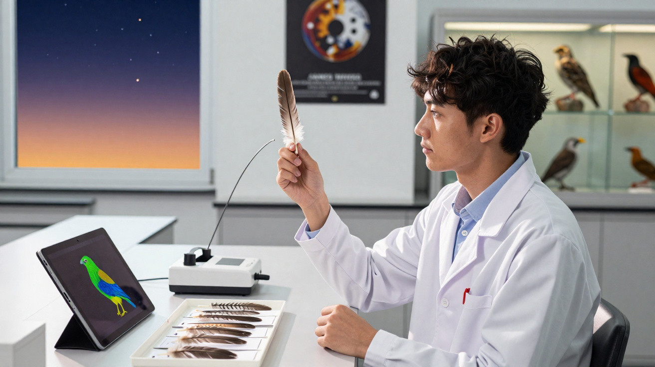 Cientista em laboratório a examinar penas de aves com tablet a mostrar imagem de pássaro colorido.