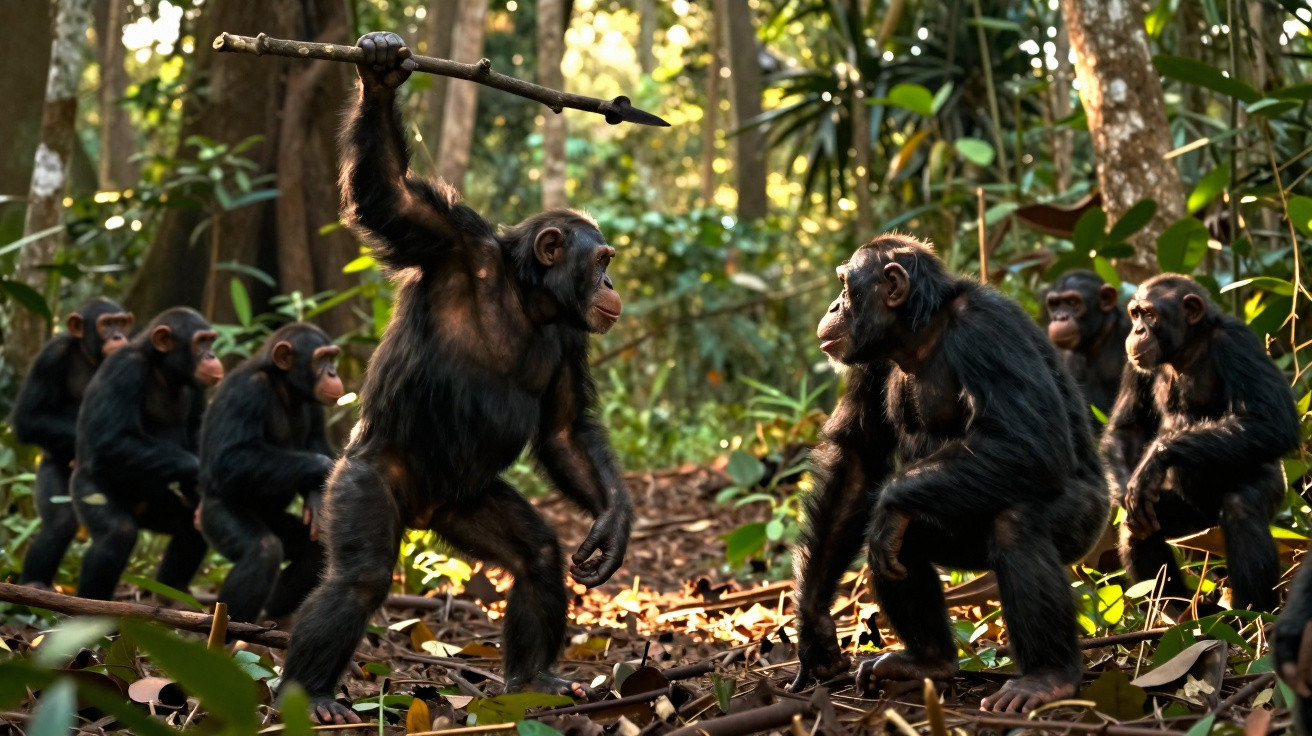 Grupo de chimpanzés na floresta, um deles a segurar um pau como se fosse uma lança.