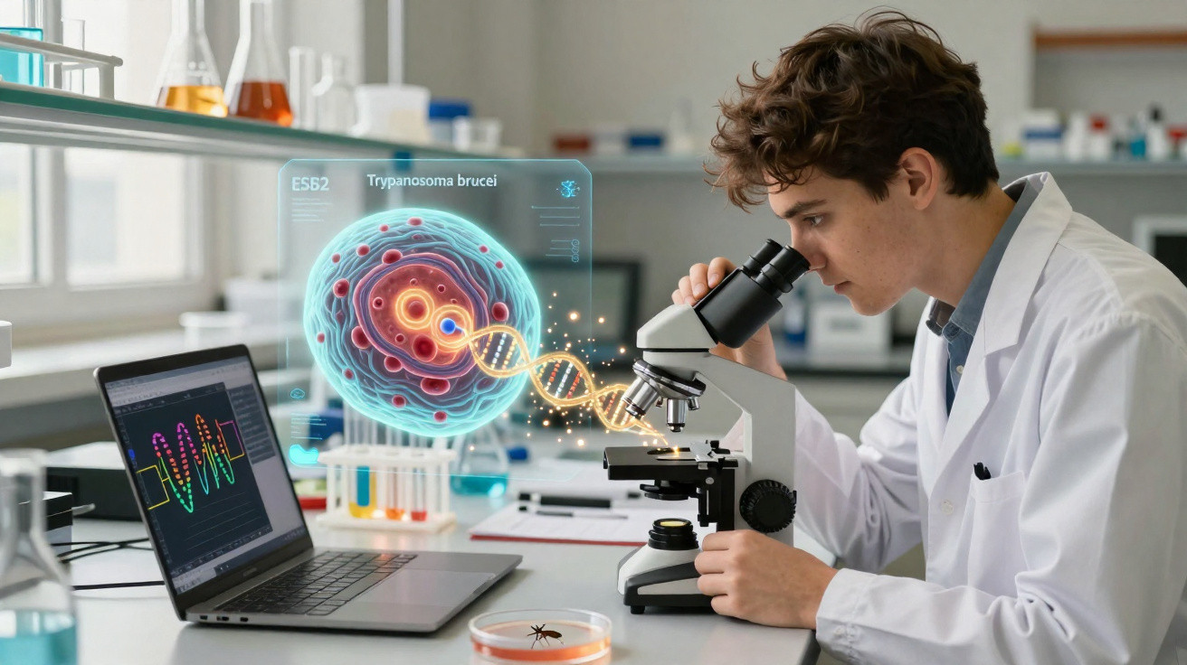 Cientista em laboratório observa amostra no microscópio com holograma de Trypanosoma brucei e DNA.