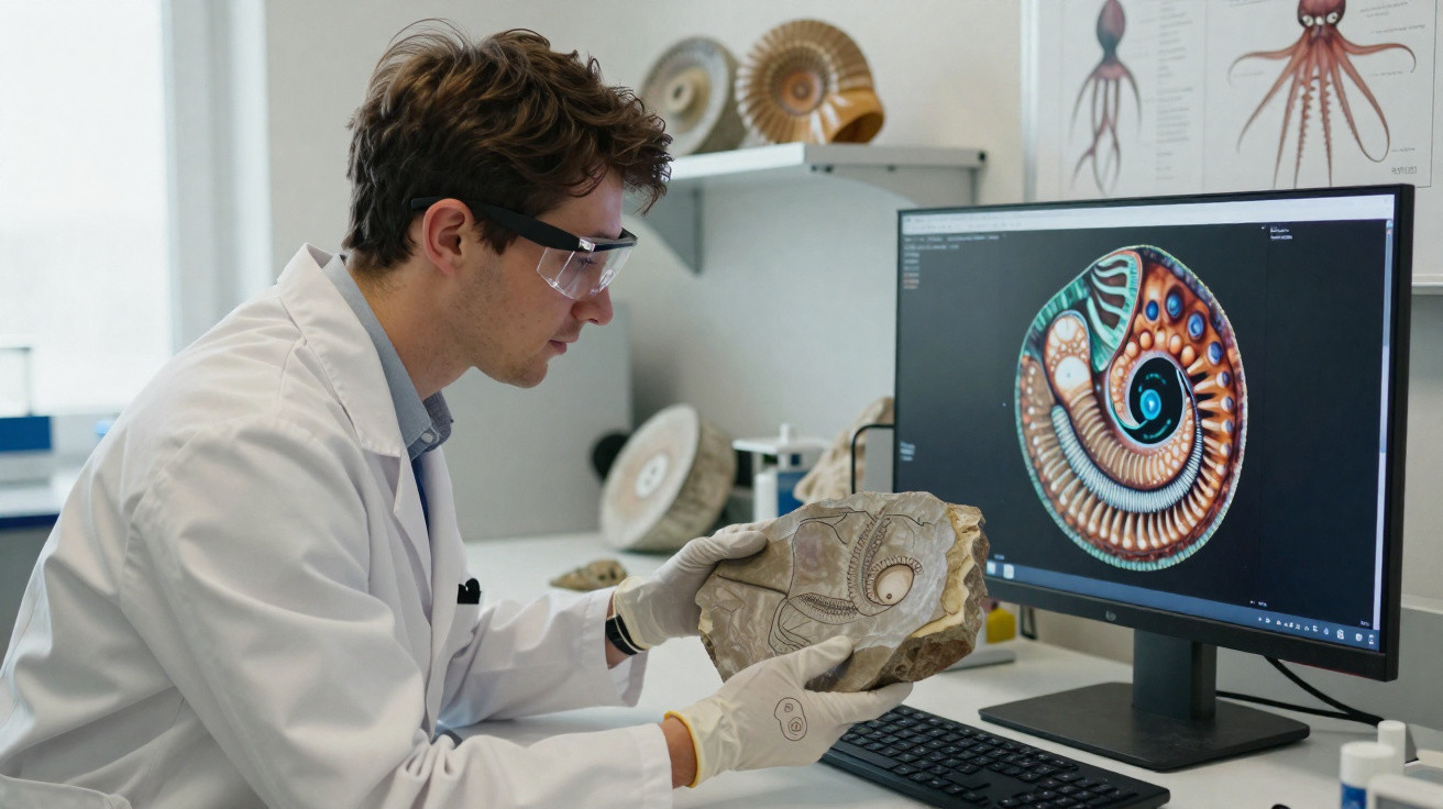 Cientista em laboratório analisa fóssil de molusco com imagem digital ao fundo em ecrã de computador.