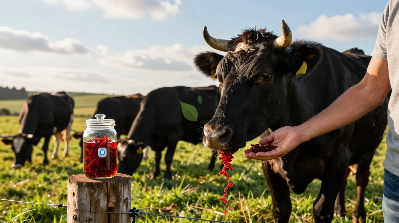 Vaca preta a comer frutas vermelhas da mão de uma pessoa num campo verde sob céu azul.
