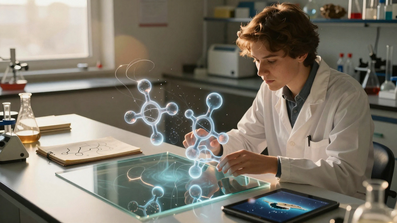 Jovem cientista em laboratório a analisar moléculas holográficas interativas numa mesa digital futurista.