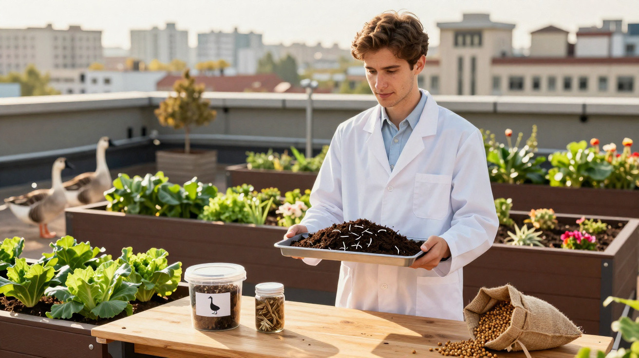 Jovem cientista com bata branca segura bandeja com terra e sementes em horta urbana no terraço.