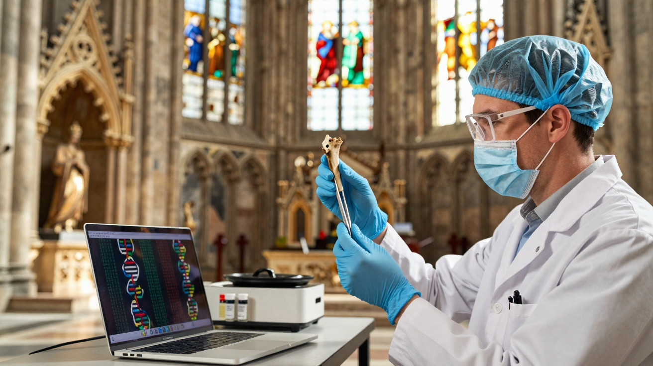 Cientista com máscara e touca examina osso com ambiente de igreja gótica ao fundo e laptop aberto.