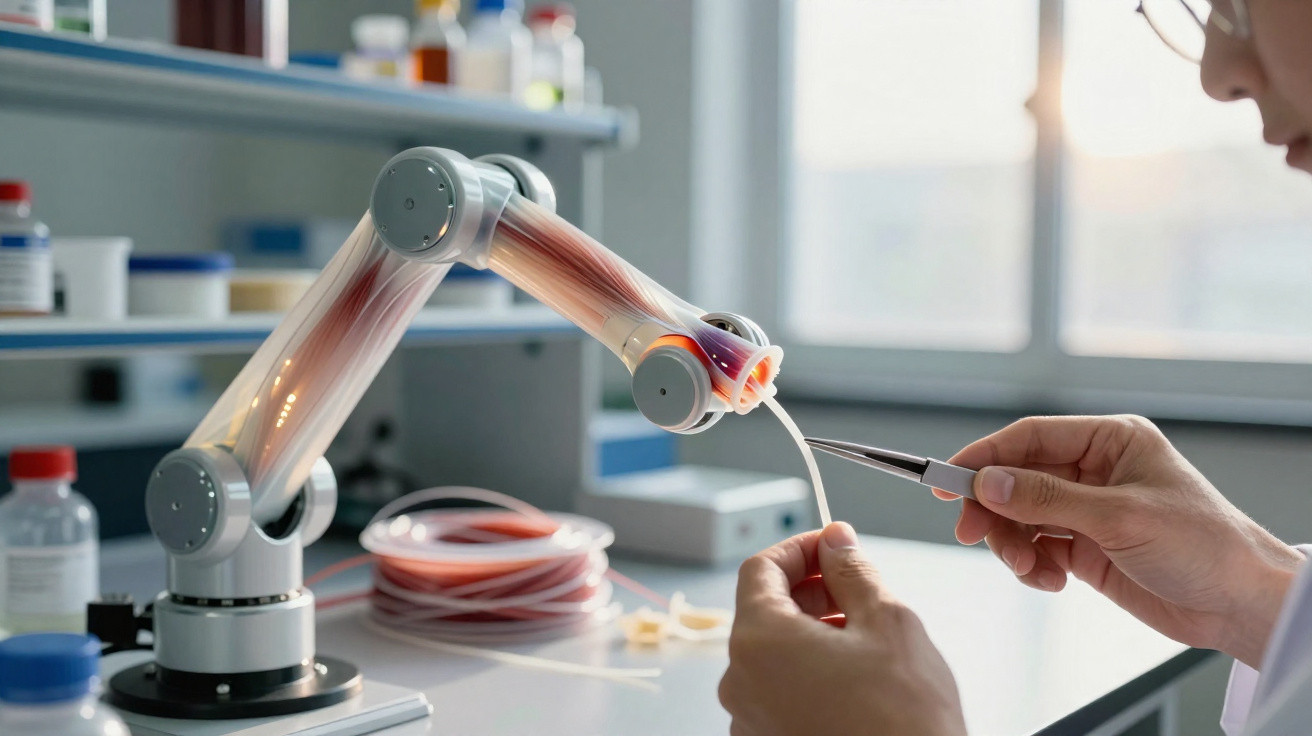 Braço robótico transparente mostrando tendões artificiais em laboratório com pessoa a manusear ferramenta de precisão.