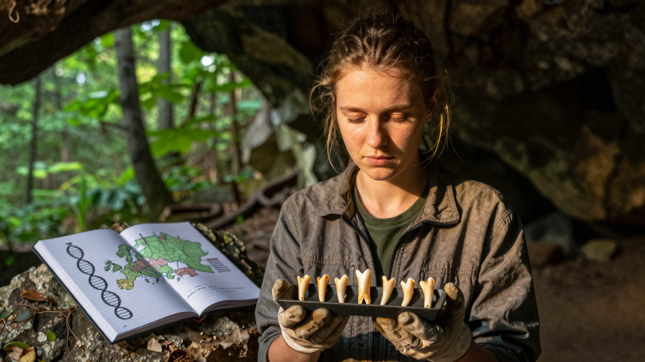 Mulher numa floresta observa dentes fósseis, com livro aberto sobre genética e mapas ao fundo.