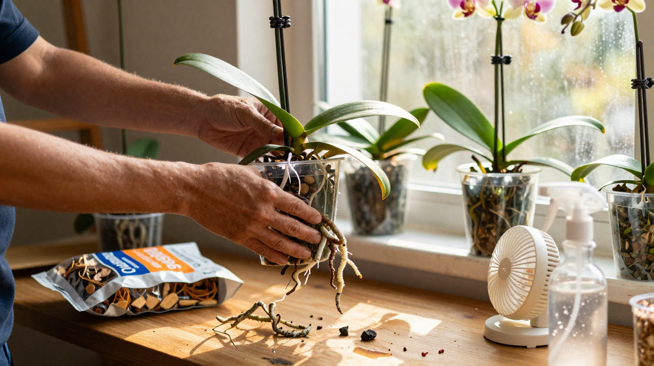 Mãos a transplantar orquídea num vaso transparente sobre mesa perto de janela com outras orquídeas.