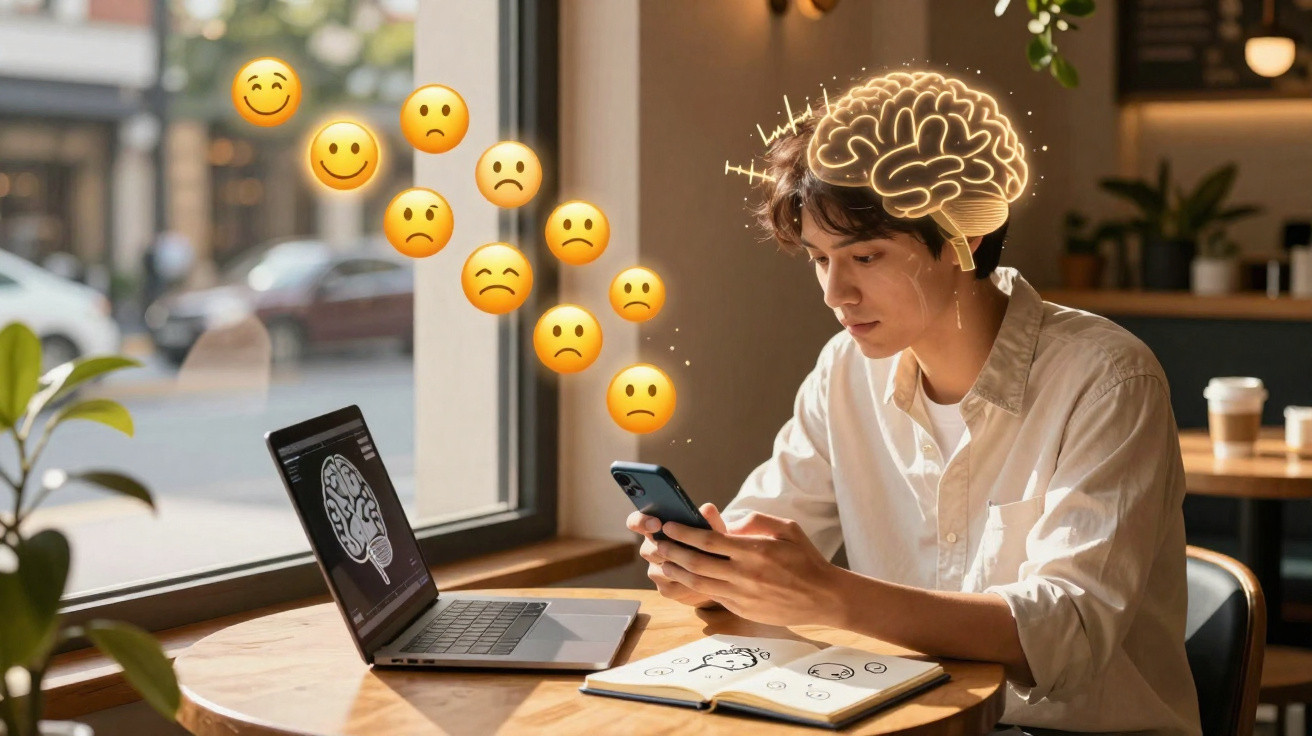 Jovem concentrado no telemóvel com emojis de emoções e desenho de cérebro iluminado à volta da cabeça.