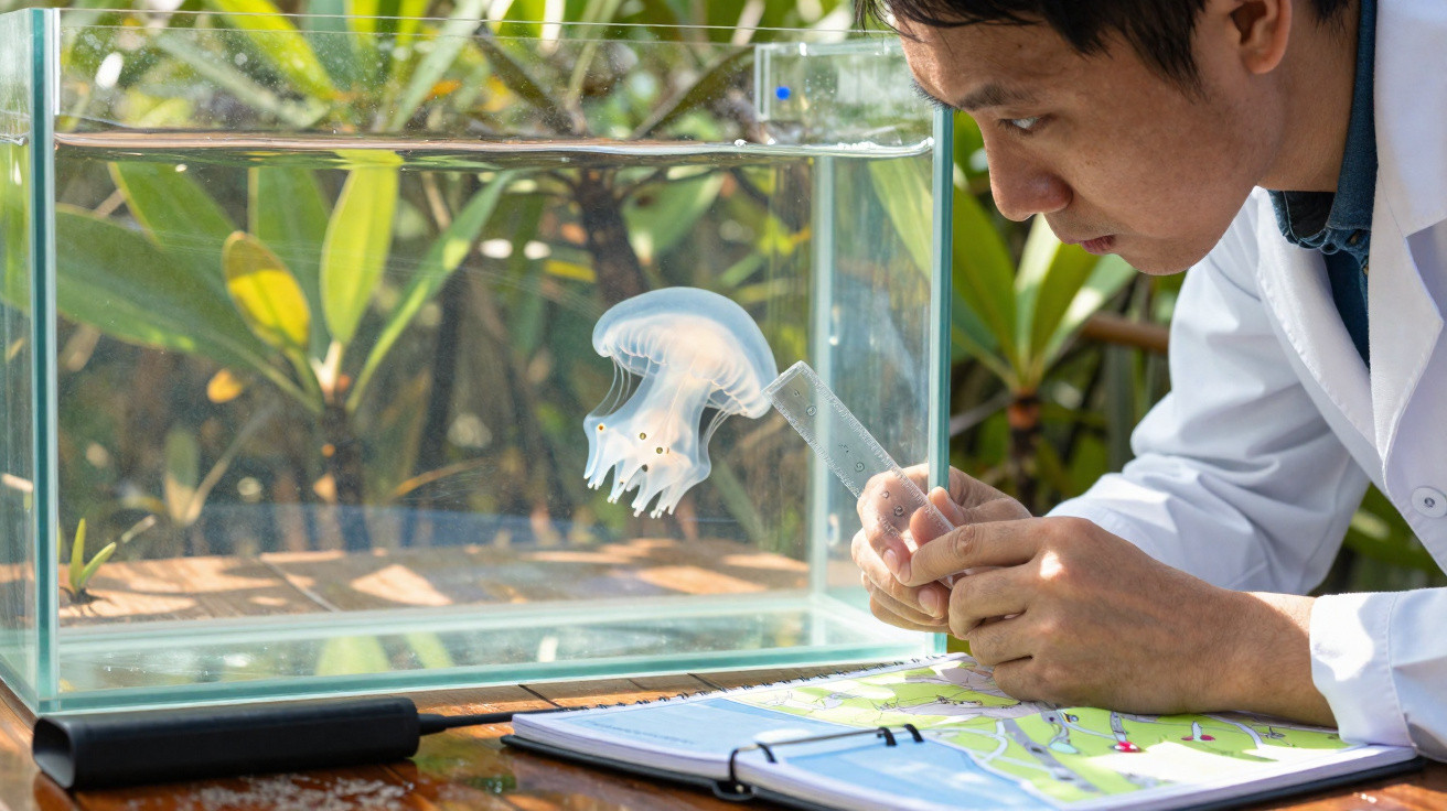 Cientista observa água-viva transparente num aquário durante estudo ao ar livre.