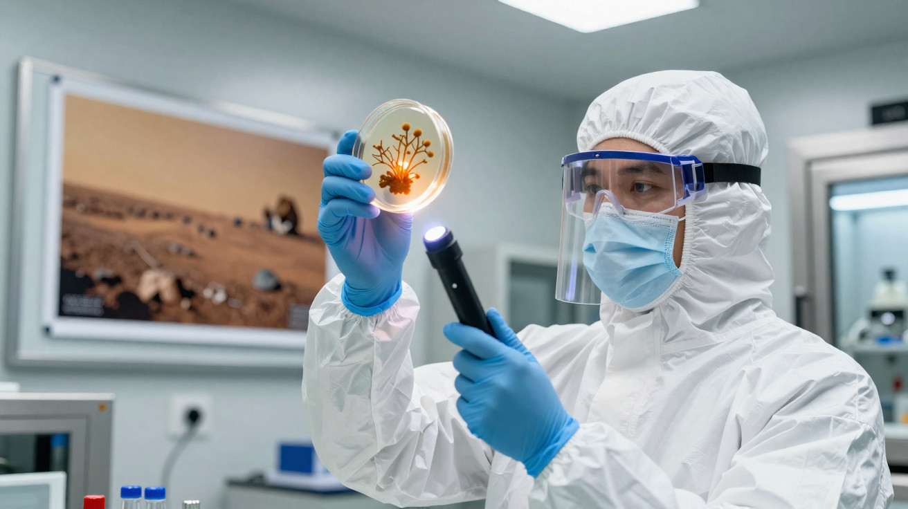 Cientista em roupa de proteção analisa cultura de fungos numa placa de Petri num laboratório.