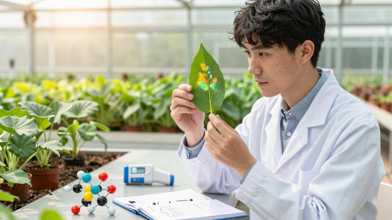 Cientista em laboratório observa folha com projeção holográfica de dados sobre planta, rodeado de plantas.
