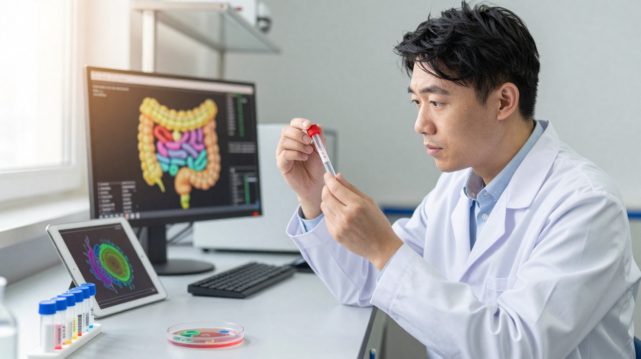 Cientista em laboratório a analisar amostra em tubo de ensaio, com imagens de intestino em ecrãs à frente.